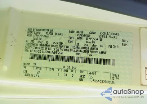 2009 Ford E-350 Super Duty Commercial/Recreational z USA, uszkodzony, nr VIN 1FTSE34L99DA65208